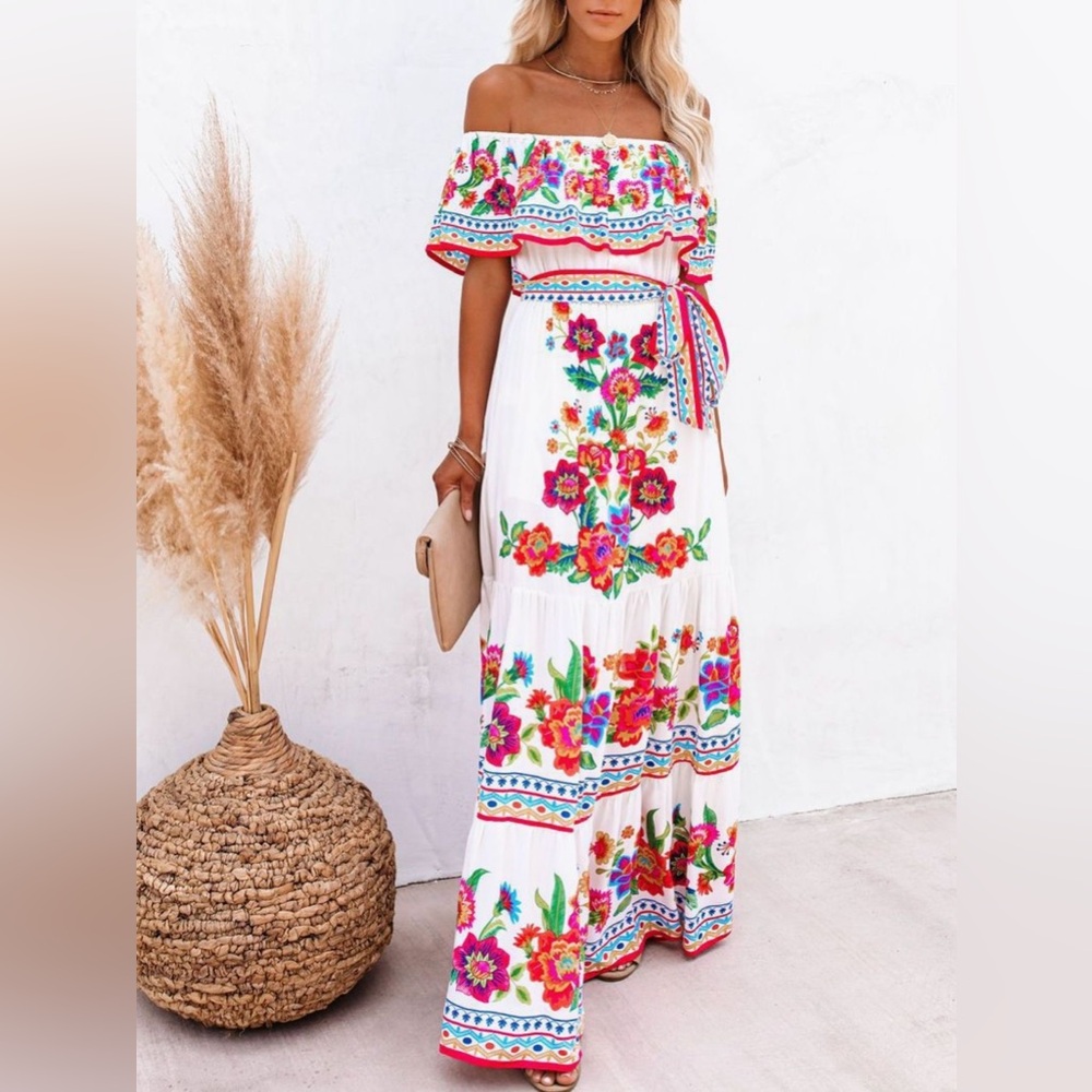 Natural Breeze Floral Off Shoulder Ruffle Maxi Dress S-2XL - Picture 7 of 8